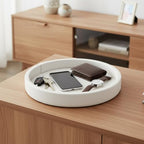 Round Woven Leather Tray, 10" Dia Vanity Tray, Leather Catchall Organizer for Jewelry, Perfume, Keys, Desk Valet Tray for Nightstand, Dresser, Coffee Table Decor, Beige