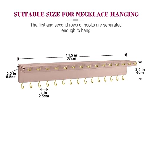 YYILIS Necklace Holder, Upgraded Extra Large Wall Necklace Organizer with 30 Hooks Wall Mounted Necklace Hanger with Jewelry Tray/Cosmetics Shelf Rustic Pine Wood Holder (Pink) - color: Pink