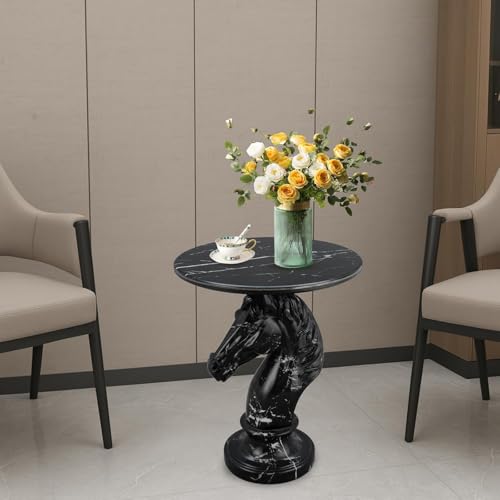Modern End Table Living Room Horse Statue Black Contemporary‌ Faux Marble Night Stand Side Table with Horse Head Base Reception Area & Bedroom（Width 19.69" ——Tall 24.5"） - color: Black Gold Striped Personalized Horse Head Table
