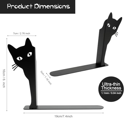 Cat Bookends for Heavy Books, 9.5 Inch Tall Metal Book Ends for Shelves, Decorative Black Iron Book Stoppers for Home Office Decor, 1 Pair