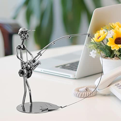 Creative Fisherman Iron Statue Metal Sculpture,A Man with Fishing Rod and A Removable Fish Statue Ornament Figurine for Father's Day Birthday Christmas Dad Man Boy Gift Office Home Desk Decor