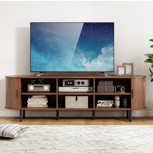 70.8" TV Stand with Power Outlet, Mid-Century Modern Television Stand, Fluted Media Console with Sliding Doors, Entertainment Center for TVs up to 60 Inch, Adjustable Shelves, Walnut - color: Walnut, size: 70.8 Inch