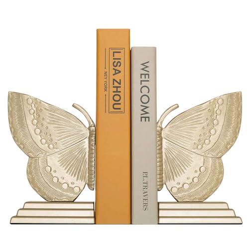 Decorative Butterfly Bookends, Muted Matte Vintage Gold Heavy Duty Metal Book Ends with Non-Slip Felt Base, Shelf Organizer for Home and Office