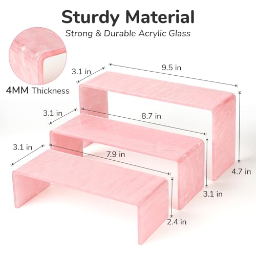 Pink Acrylic Risers Display Stand - 3 Tier Stand For Pop Figures , Rainbow Cupcake Stand , Rectangle Shelf , Perfume Organizer , Dessert Stand (1 set)