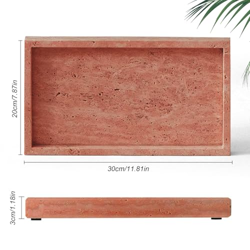 Natural Marble Tray, Stone Tray for Bedroom/Bathroom/Kitchen/Vanity Countertop, Jewelry Tray for Rings Earrings Necklace Bracelet Watch, Room Decor Aesthetic - color: Red Travertine, size: 11.8" x 7.9" x 1.2"