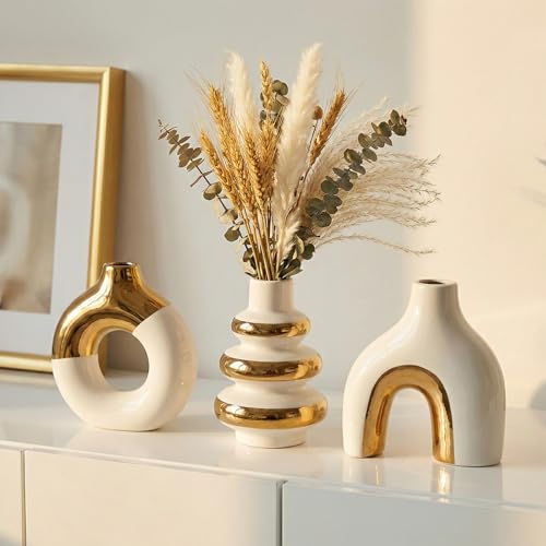 Modern Ceramic Decorative Vase Set of 3 – Minimalist Sculptural Vases for Living Room, Shelf & Table Decor, Nordic Donut Vase Set for Contemporary Home Decor (White and Gold) - color: White and Gold