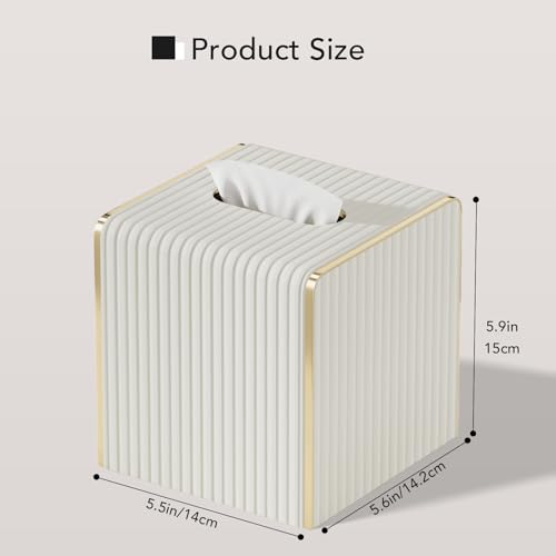 Tissue Box Cover,White Square Leather Tissue Box Holders with Gold-Tone Edging Decoration, Tissue Vessel for Bathroom Toilet Bedroom Living Room Table Desk Office,Modern Home Decor - color: Cream White, size: Square Standard
