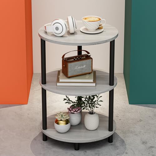 Round Pedestal End Table - 3-Tier Oval Accent Table for Small Spaces, Rustic Wood and Metal Couch Side Table, Nightstand for Bedroom or End Table Living Room, Easy to Assemble, Greige - color: Greige, size: 1-Pack, style: Without Power Outlets
