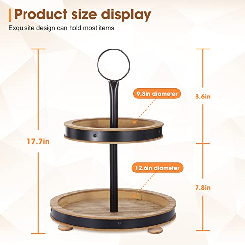 Urban Deco Wood Tiered Tray - 2-Tiered Farmhouse Serving Tray with Metal Handle for Kitchen Counter or Living Room Table - style: 2 tier-brown