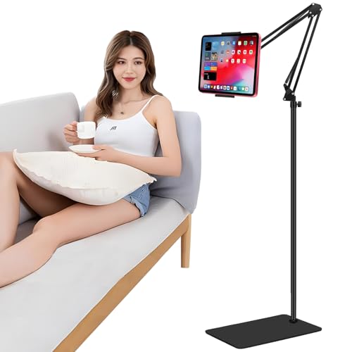 Tablet Floor Stand with Double Weight Base,Overhead Bed Phone Stand Height Adjustable/ Arm Stretchable Tablet Holder, Compatible with 4.5''-13'' iPhone, iPad, Galaxy Tab, Kindle, or Other Phones