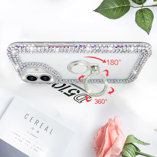 Bonitec Compatible with iPhone 17 Case for Women Glitter Sparkle Bling Cute Metal Finger Ring Bracket Stand Luxury Shiny Crystal Rhinestone Diamond Clear Protective Bumper Cover for Girls