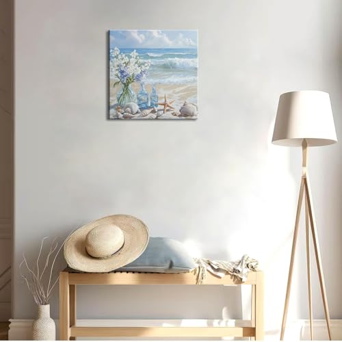 Blue Beach Canvas Wall Art Coastal Floral Vase Wall Decor Picture Ocean Theme Seascape Starfish Conch Poster Print for Bathroom Bedroom Living Room Office Decoration 20x20in - size: 20"L x 20"W