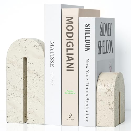 BOHDK Book Ends for Shelves, Resin Heavy Duty Decorative Bookends, Retro Arch Book Holder for Heavy Books, Imitation Travertine Book Stopper for Home Decor, Study, Bookshelf, Desktop, Set of Two