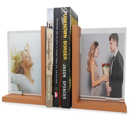 Heavy-Duty Bookends - Set of 2 Decorative Non-Slip Modern Design Book Holder, Crafted Out of Heavy Duty Materials with an Acrylic Picture Display by shoppingaisles® (Brown) - color: Brown