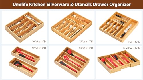 Umilife Bamboo Kitchen Drawer Organizer, 7 Inch Silverware Utensils Tray Holder for Small Drawer, Wood Caddy for Flatware Cutlery Knives - size: 7 x 13 inch (4 Slots)