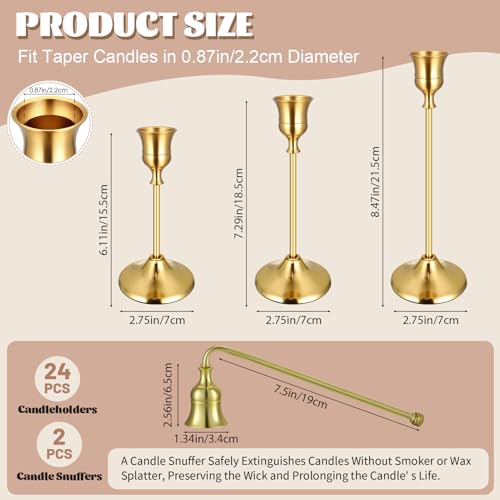 24PCS Brass Gold Taper Candle Holders Set, Vintage Metal Candlestick Holders Plus Candle Snuffer for Table Centerpiece,Wedding Reception,Festive Christmas Mantel Decoration - color: Gold - 8 Sets (24 Pcs) Plus Candle Snuffer