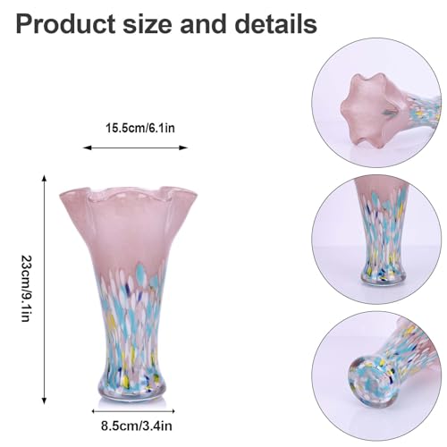9.1H Murano Hand Blown Glass Vase, Ruffled Scalloped Rim Trumpet Shape, Wide Mouth Colorful Decorative Glass Vase, Sculptural Art Centerpiece for Living Room Table, Bathroom, Office Shelf (Blue-Pink) - color: Blue-pink