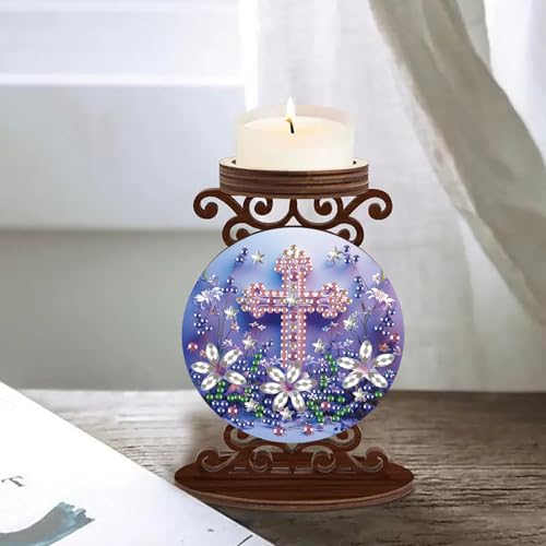MaiYiYi DIY Religious Cross Diamond Art Painting Candlestick Holders, Flower Cross Diamond Pianting Candle Holder, Special-Shaped Diamond Wooden Candlestick Crafts Ornaments for Home Decor