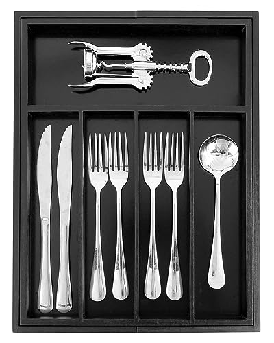 VaeFae Bamboo Drawer Organizer, Expandable Silverware Drawer Organizer, Cutlery Tray with Dividers for Kitchen Utensils (Black, Medium) - color: Black, size: Medium