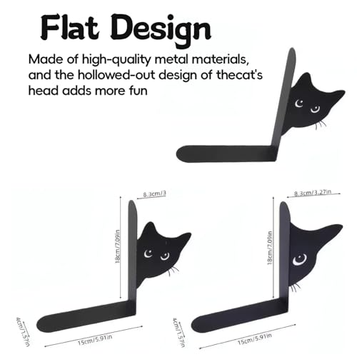 Metal Cat Bookends, 1 Pair Cute Cat Bookends for Shelves Decorative for Home Office Desk Bookshelf Decor (Black,Full-face) - color: Cat-half-face