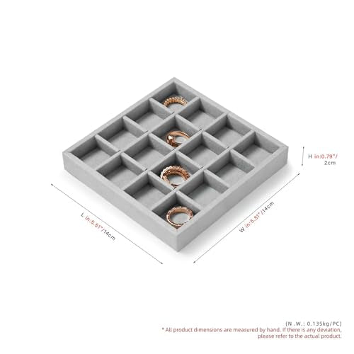 Microfiber 16 Grids Stackable Jewelry Display Trays Showcase Jewelry Organizer Storage Trays(Gray) - size: 5.49" x 5.52" x 0.78"