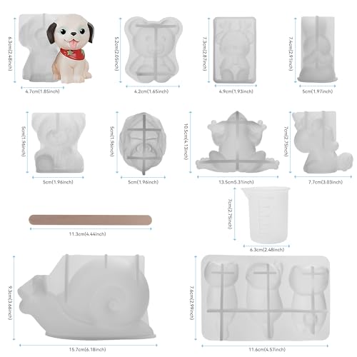 CUTEPLAN 21Pcs 3D Silicone Resin Casting Mold Kits - Includes 12 Animal Molds, 1 Measurement Cup & 10 Wood Sticks - for Figurines & Crafts DIY Projects