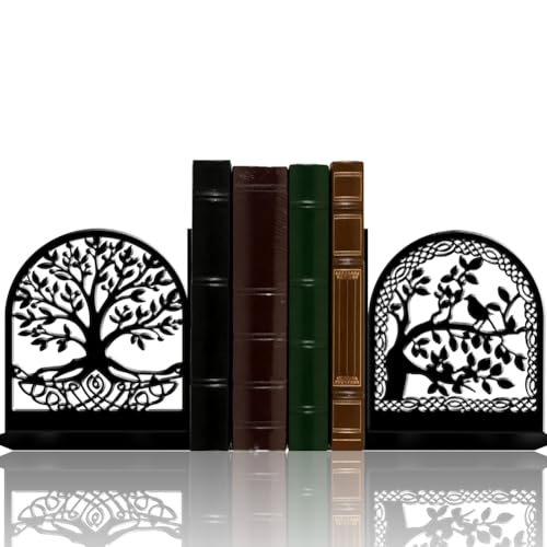 2Pcs 2 Styles Metal Tree Bookends Black Book Stopper Tree of Life Pattern Black Decorative Heavy Duty Metal Book Ends for Shelves Home Office Desk Organizer Stylish 7.48 x 6.3 x 1.18 Inch - color: Tree of Life