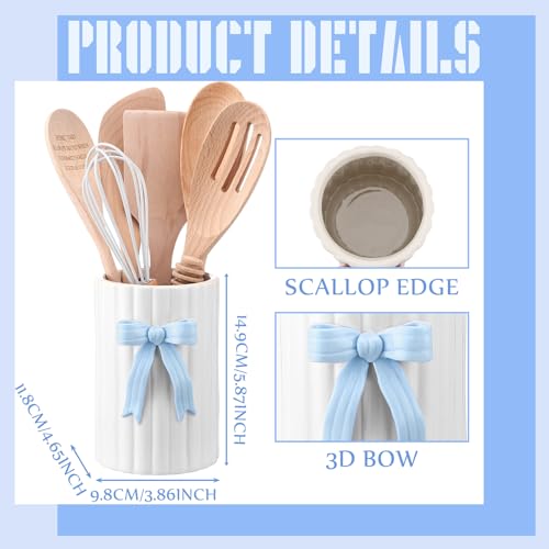 LemonRoad Blue Bow Ceramic Utensil Holder 3D Coquette Cooking Utensil Crock with Scalloped Mothers Day Kitchen Gifts Girly Aesthetic Storage Caddy Organizer Vase Decor for Kitchen Housewarming Gift - color: Blue, style: Bow