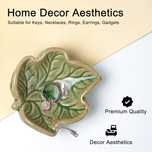 Jewelry Tray, Ceramic Leaves Jewelry Dish, Ring Holder Dish, Small Trinket Tray, Washable Key Bowl(Green) - color: Green