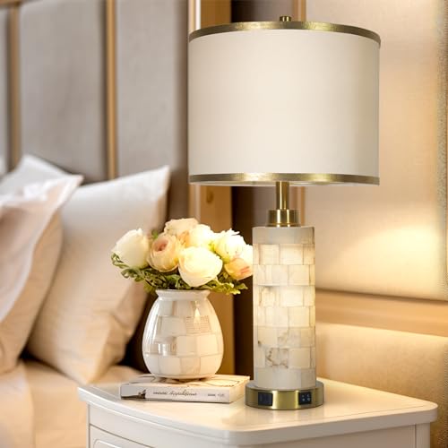 KIVDITZO 27" Alabaster Table Lamps Set of 2, Lamps for Living Room Bedroom,Bedside Lamps with Night Light,Nightstand Lamp with USB A+C Ports,Modern Table Lamp with Linen Shade (Bulbs Included) - color: Golden Colored
