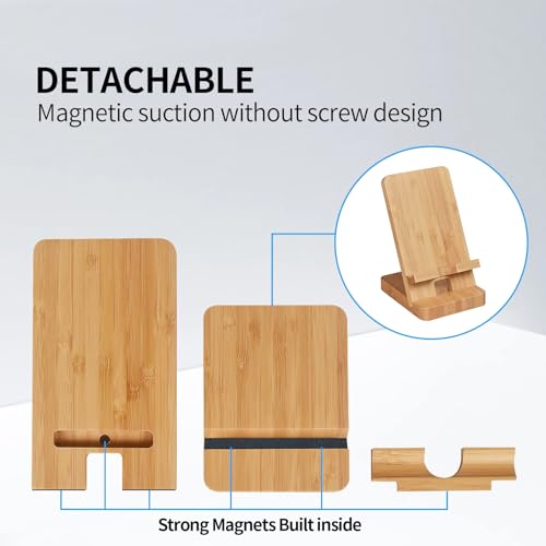 Cell Phone Stands, Desktop Stand, Luxury Nature Wood Magnetic Phone Stand for Desk, Compatible with iPhone & All Cell Phones, Ultra-Stable, Portable & Non-Slip Design, Bamboo