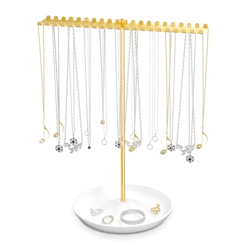 Jewelry Organizer Stand, Metal Necklace Holder Display With 42 Hooks, Gold Jewelry Holder for Necklaces, Bracelets, Rings, Bedroom College Dorm Decor for Women and Girls