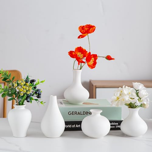 White Ceramic Bud Vase Set of 5, Mini Vases for Flowers, Decorative Small Vases for Home Decor, Boho Wedding Centerpieces, Living Room, Dining Table & Shelf Decor - color: E-small White Vase Set of 5