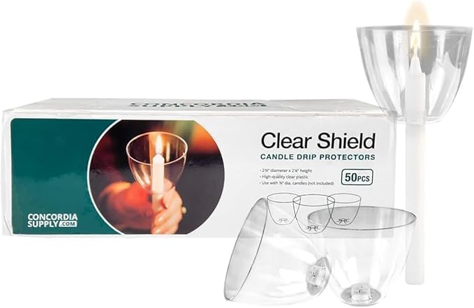 Concordia Supply Clear Shield Candle Drip Protectors - (Pack of 50) Wax Catcher for Candlesticks, Convenient for Church Vigils, Memorials, Congregational, & Christmas Eve Candles - size: Pack of 50