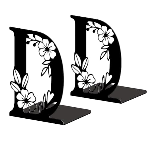 Peacoblue Metal Bookends for Shelves, Modern Decorative Heavy Duty Study Book Ends Stoppers for Office Desk Shelf, Room 5.3"x4.3"x7.1" Cast Iron Tall Bookends 1 Pair (Letter D with Flowers) - style: Letter D with Flower