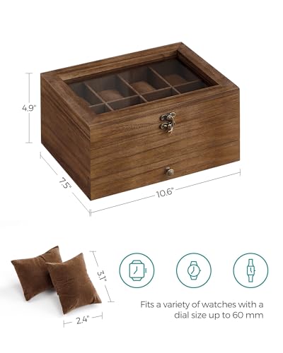 SONGMICS 8-Slot Watch Box, 2-Tier Watch Display Case with Large Glass Lid, Removable Watch Pillows, Velvet Lining, Jewelry Box, Gift Idea, Rustic Walnut UJOW008K01 - color: Rustic Walnut, size: 2 Layer 8 Slot