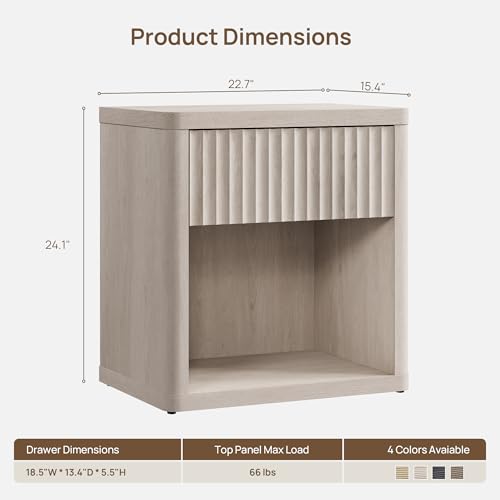 SICOTAS Night Stand Nightstand with Drawer Storage Fluted Bed Side Table End Table Large Modern Wide Bedside Stand Mid Century Night Stands for Bedroom Living Room Sofa Couch Home Office, White Alder - color: White Alder, size: 1 Piece