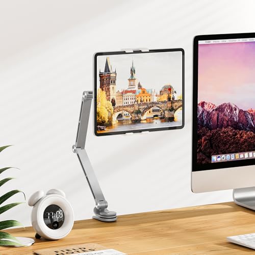 Houele Tablet Stand Holder, Adjustable Foldable Tablet Arm iPad Desk Mount with 360°Rotate Base, Phone Holder iPad Stand for Desk and Bed, Compatible with Tablets, Phones or Other 4-15.6" Device - color: Silver
