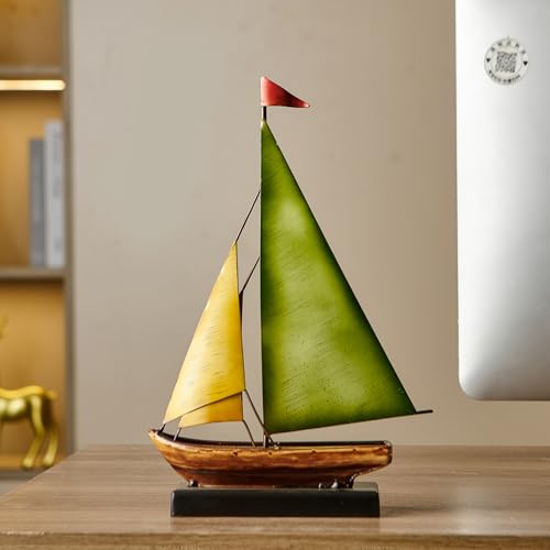 Vintage Sailboat Statue Decor for Living Room, Metal Boat Sculptures Decorations for Dining Room Office, Nautical Home Décor Accents for Shelf Bookshelf Coffee Table TV Stand (Yellow and Green) - color: Yellow and Green