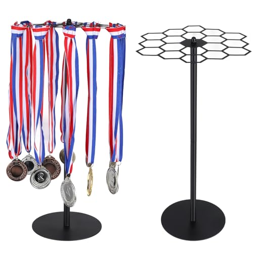 Kifmurase Rotating Medal Hanger Display Stand, Tabletop Medal Holder Rack for Sports Awards, Adjustable Metal Rack for Running Basketball Gymnastics Soccer Marathon Medals, Showcase 45+ Medals