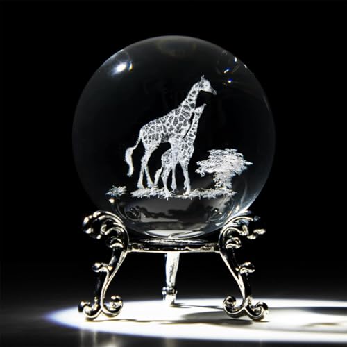 3D Laser Engraved Mom and Baby Giraffes Crystal Ball Paperweight Art Glass Animals Figurine Collectibles Glass Decorative Full Sphere with Stand Giraffe Gifts - color: Giraffe