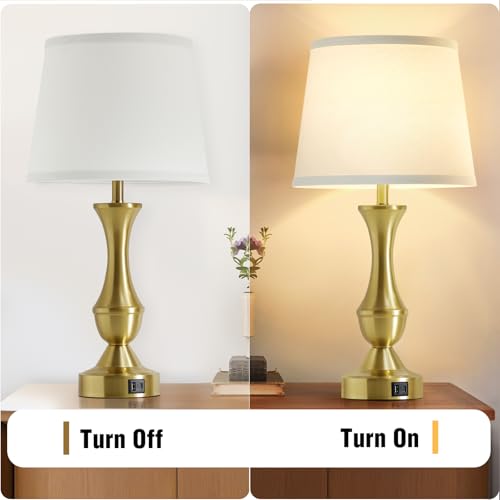 Luvkczc 22" Gold Table Lamps Set of 2 - Modern Luxury Bedside Lamps with White Fabric Shade, Dimmable & Dual USB C+A Ports, Nightstand Lamps for Bedroom/Living Room (Bulb Included) - color: White,Gold base, size: 22in