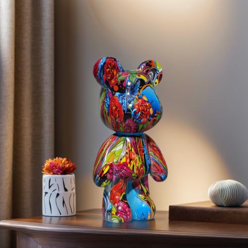 Bear Statue Resin Graffiti Animal Sculpture for Home, Office Decor, Abstract Design for Birthday, Anniversary and Gift Present (Flower Pattern) - color: Flower Pattern