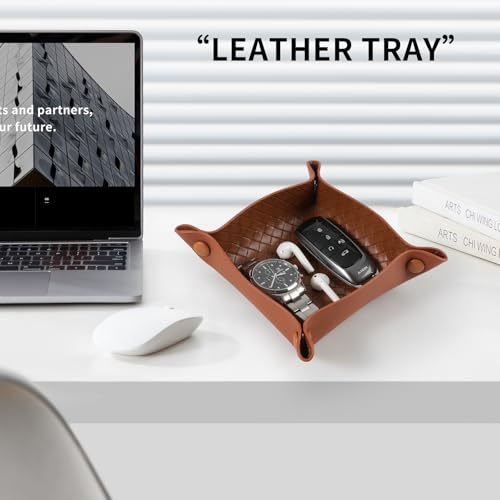 KINIVA PU Leather Jewelry Valet Tray for Men Women,Small Key Bowl for Entryway Table,Portable Travel Catchall Dice Tray (Square-Brown-2pcs) - style: Square-Brown-2pcs