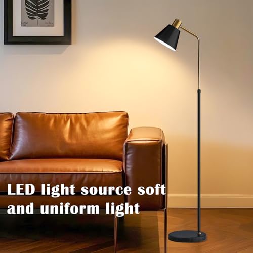 High-End Bright Reading Floor Lamp 12W Tri Color Bulb,Matte Black Iron Lampshade Adjustable,57"-65"Tall ,Weighted Base, Modern Industrial Retro Standing Desk Lamp for Living Room Bedroom Office Corner - color: Black
