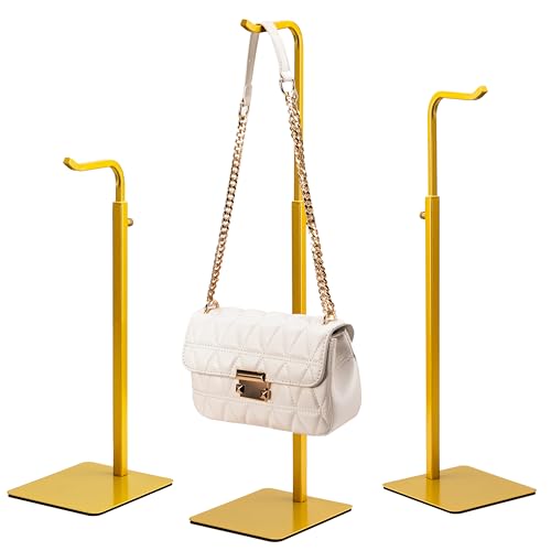 3 Pack Purse Holder Handbag Display Stand: Gold Hanger Rack for Bags, Purses, and Wreath, Adjustable Hook Stand for Tabletop, Closet, and Retail Use for Vendors - color: Gold