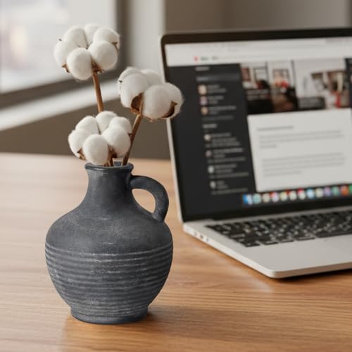 Black Ceramic Vase, Rustic Farmhouse Vase with Handle, 6 inch Terracotta Clay Small Vases, Centerpieces for Dining Table, Living Room, Bedroom, Entryway, Shelf Decor - color: Rustic Black - 6, size: 6 Inch