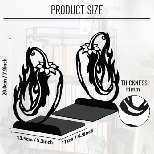 WADORN 1 Pair Chili Pepper Decorative Bookend for Shelves, Black Heavy Duty Metal Book Ends Non-Skid Book Stand Organizer Holder for Home Living Room Library Office Dorm Movies CDs, 5.3x4.3x7.9 Inch - color: Chili Pepper