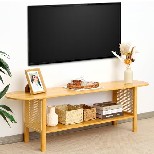 Bamboo TV Stand for TVs up to 65", Accent Entertainment Center with Storage, Media Console Table with Rattan, Modern TV Stand for Living Room, Bedroom, 55"(L), Burlywood - color: Burlywood Rattan