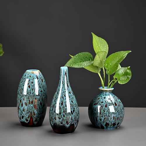 Ceramic Bud Vase Set, Fambe Blue Glazed Finish, Decorative Flower Vases (Blue-Set of 3) - color: Blue-set of 3